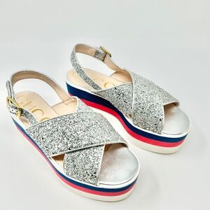 Gucci Silver Glitter Red White Blue Platform Slingback Sandals Size 8.5 Luxury!